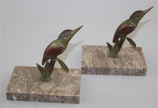 A pair of French Art Deco cold painted bronze bookends, modelled as humming birds, 5.75in.